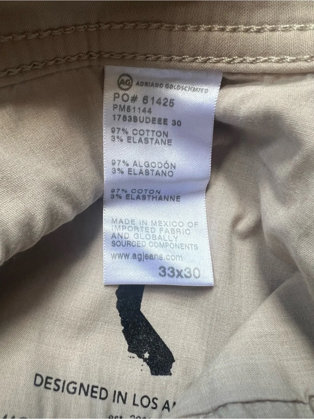 AG Adriano Goldschmied Tellis Modern Slim Pants Beige Khaki Italian Fabric 33x30